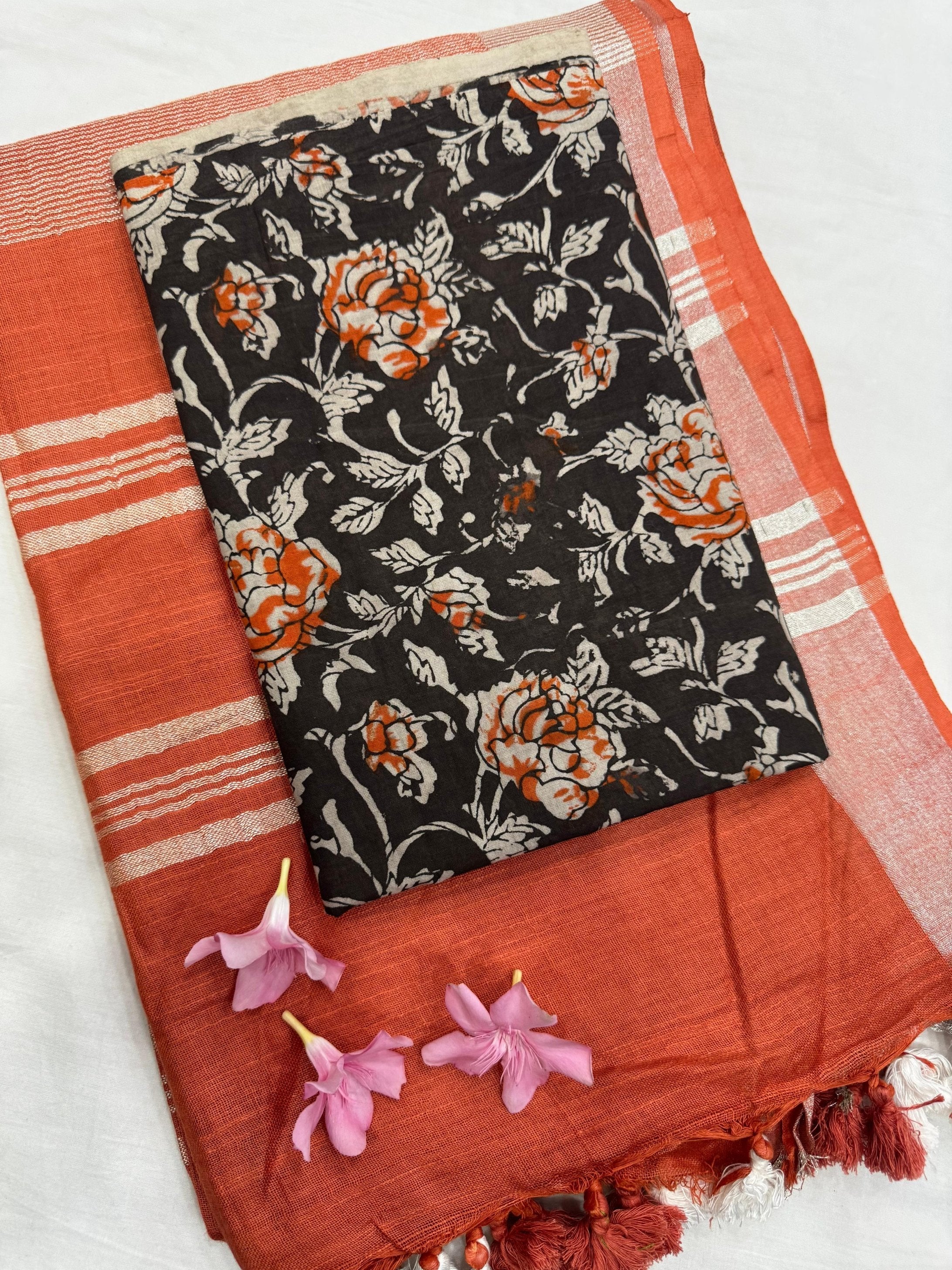 Rustic Orange Saree with Black Floral Jaal Blouse Fabric – Premium handblock cotton mul saree wholesale for boutiques and designers